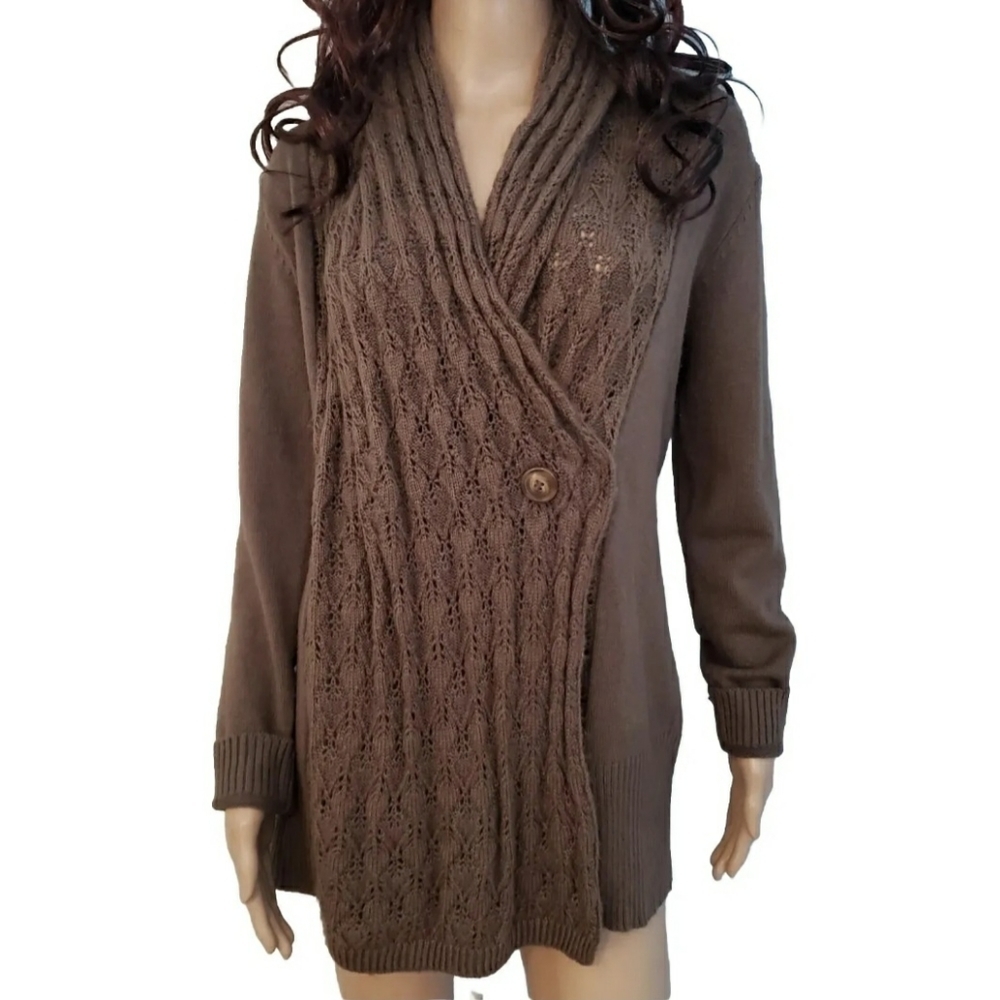 Venus Long Brown Shawl CollarSweater Small